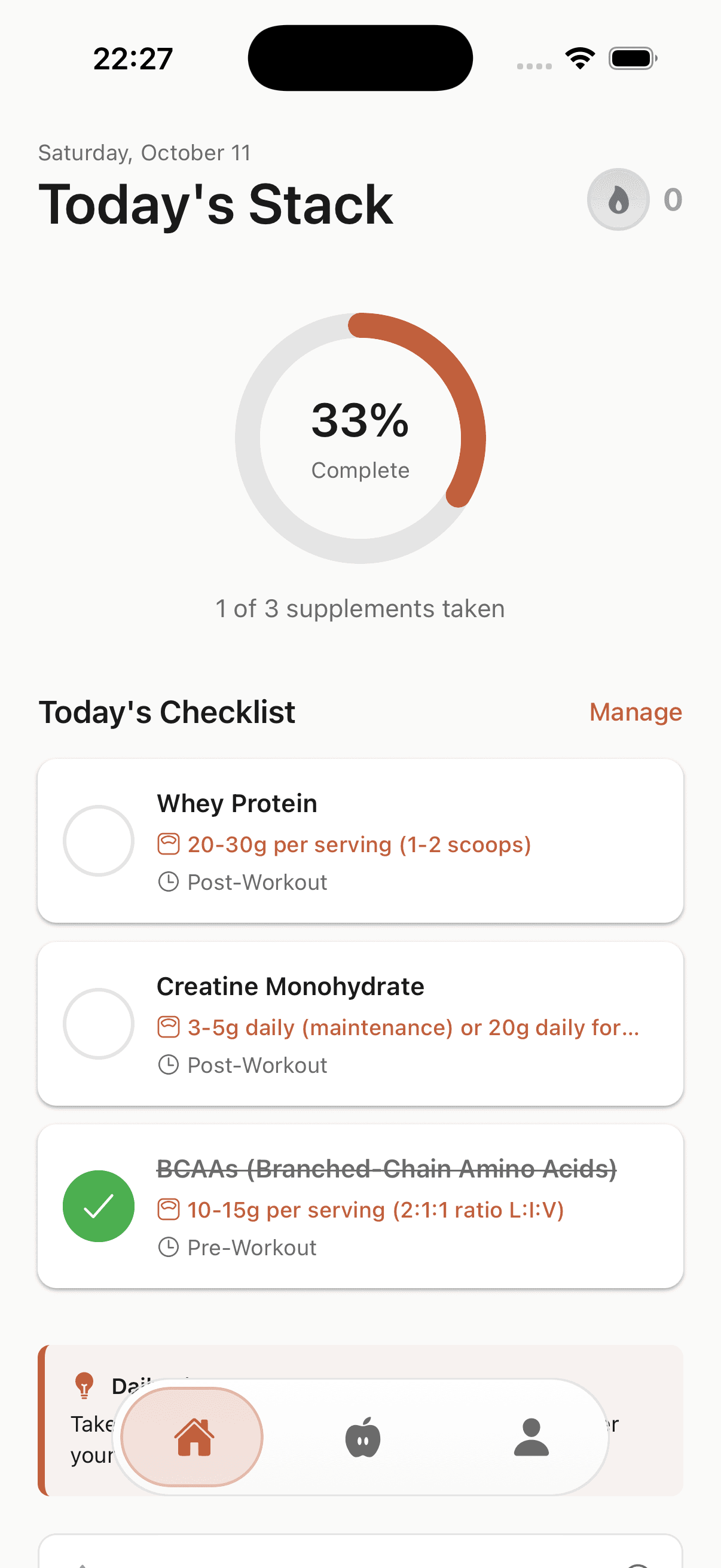 FuelStack app home screen showing daily supplement checklist