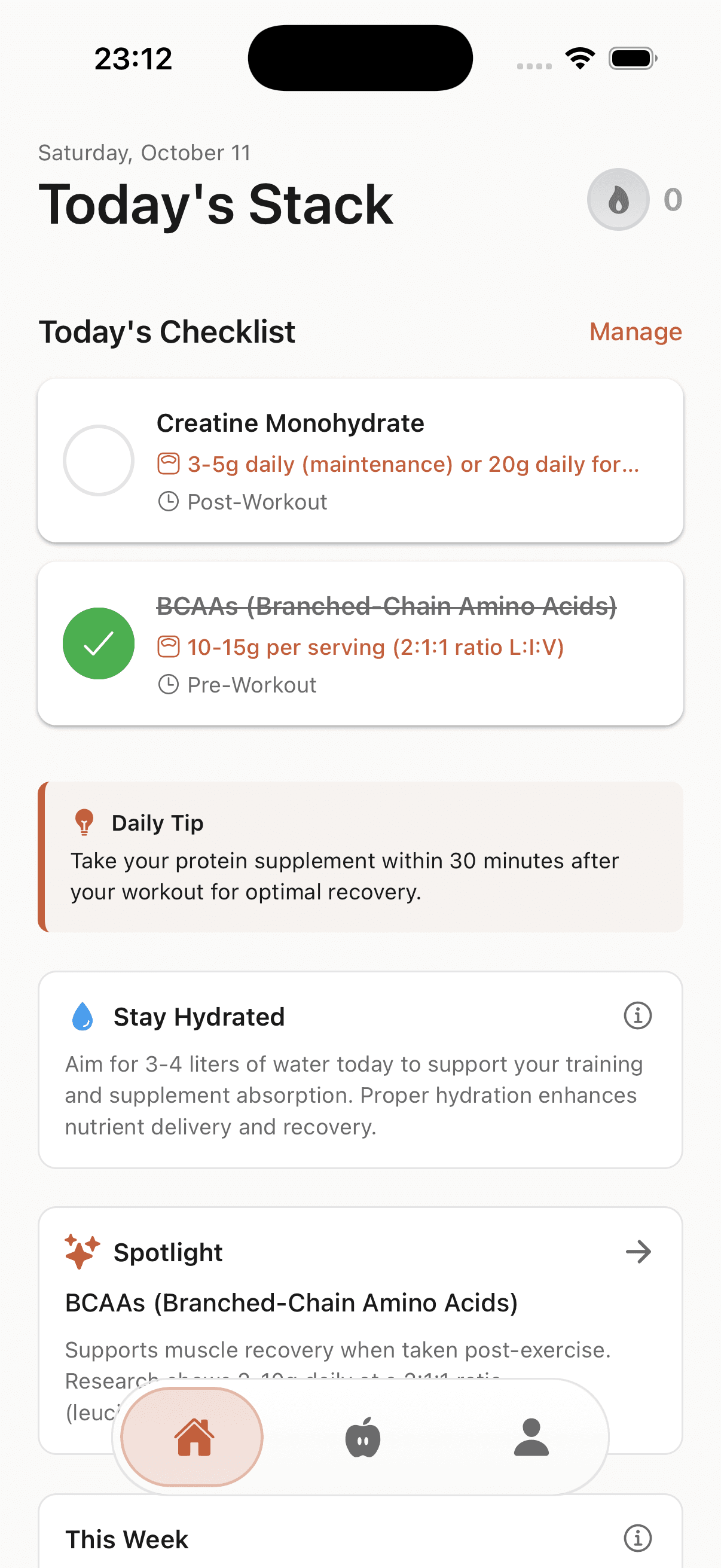 Home screen showing daily supplement checklist with completion tracking