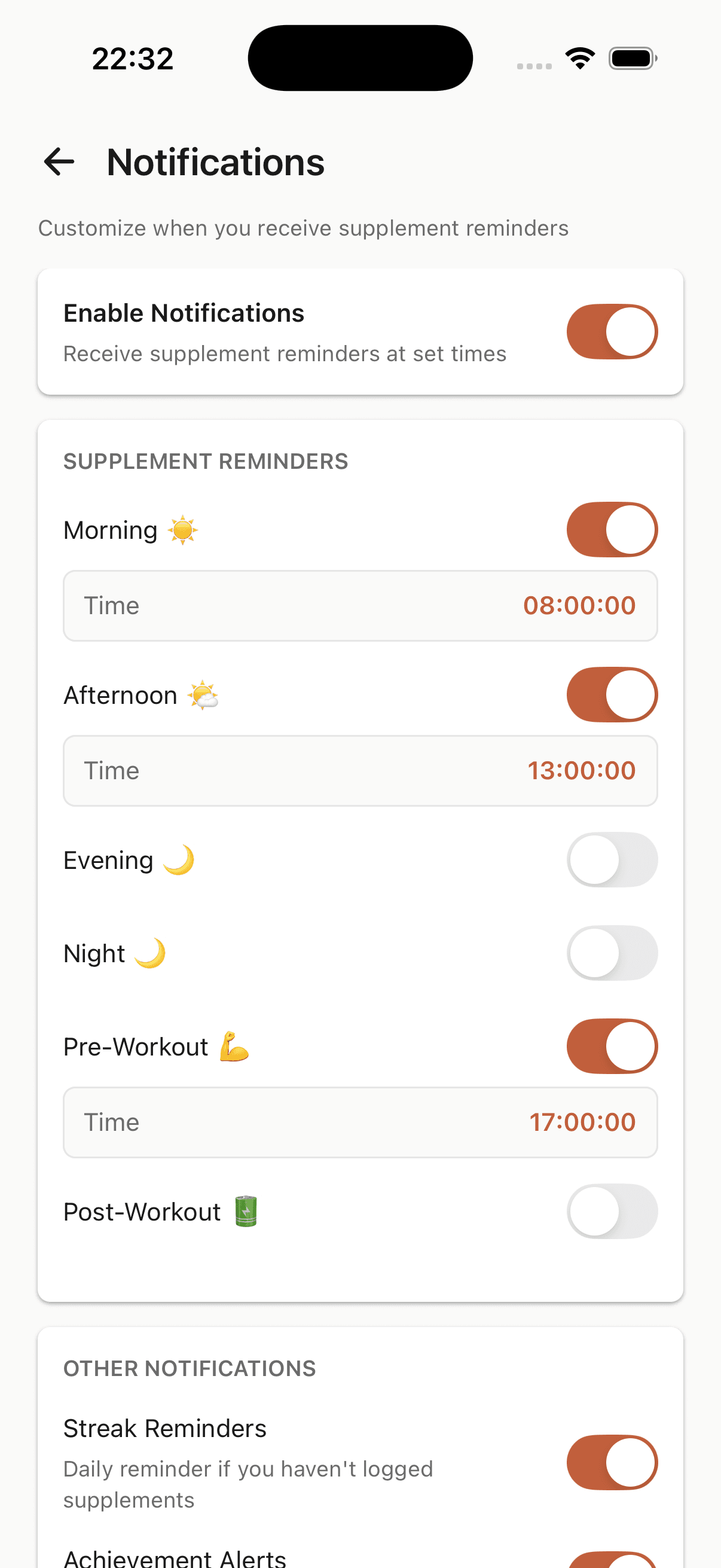Notification settings screen showing customizable reminder times