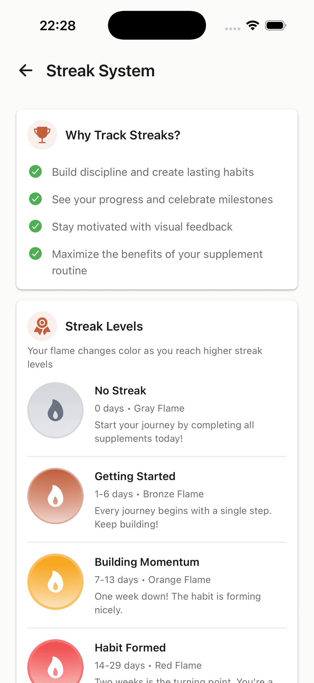 Streak screen showing flame progression and milestone achievements